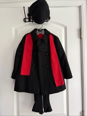 Boys Classic Black Double-Breasted Wool Coat with Red Scarf, Cap and pants.
